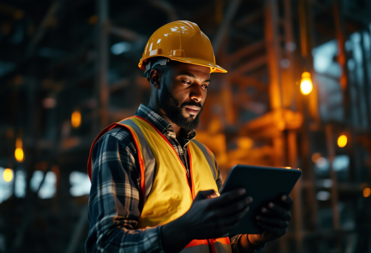 Site engineer reviewing project data on a tablet