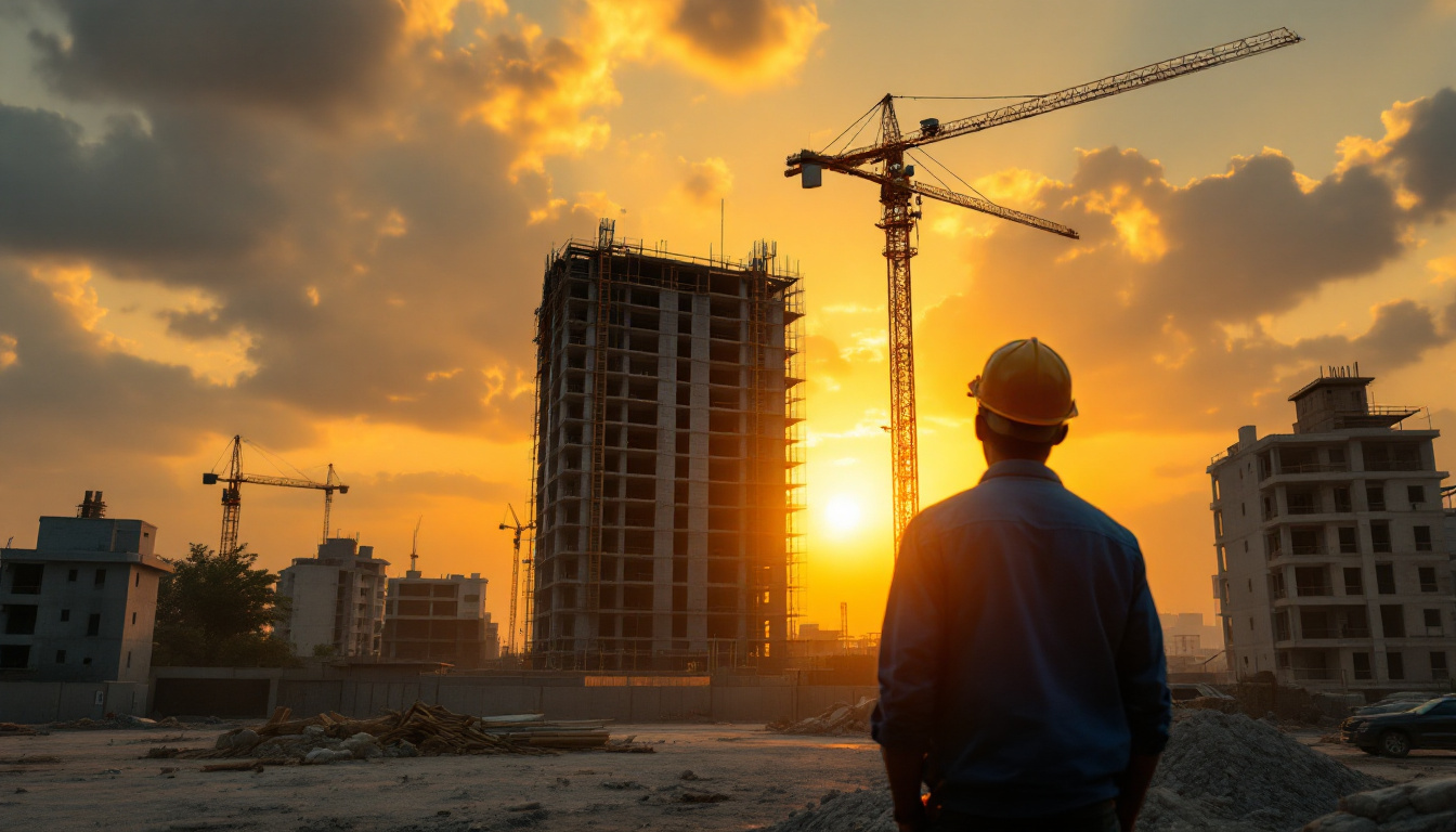 Construction site at golden hour with a tower crane, Lagos