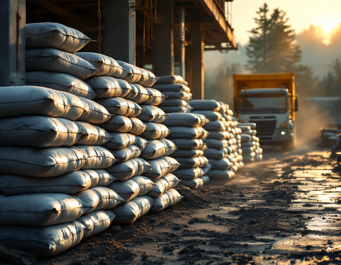 Cement bags and rebar stacked on site at dawn
